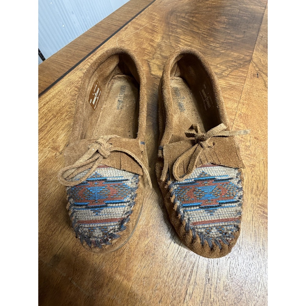 Vtg Minnetonka Moccasins Women's 8 Suede Tapestry Boho Aztec Slip On Shoes - Picture 6 of 6